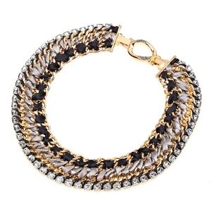 Gold, Black & Silver Chain Bracelet with Rhinestones – Elegant & Bold